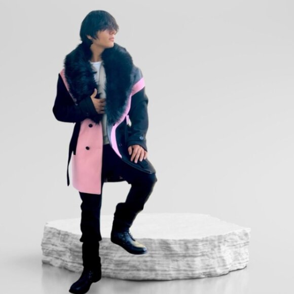 Men’s Pink | Grey | Black Double Breast Coat with Faux Fur NWT - Picture 3 of 9